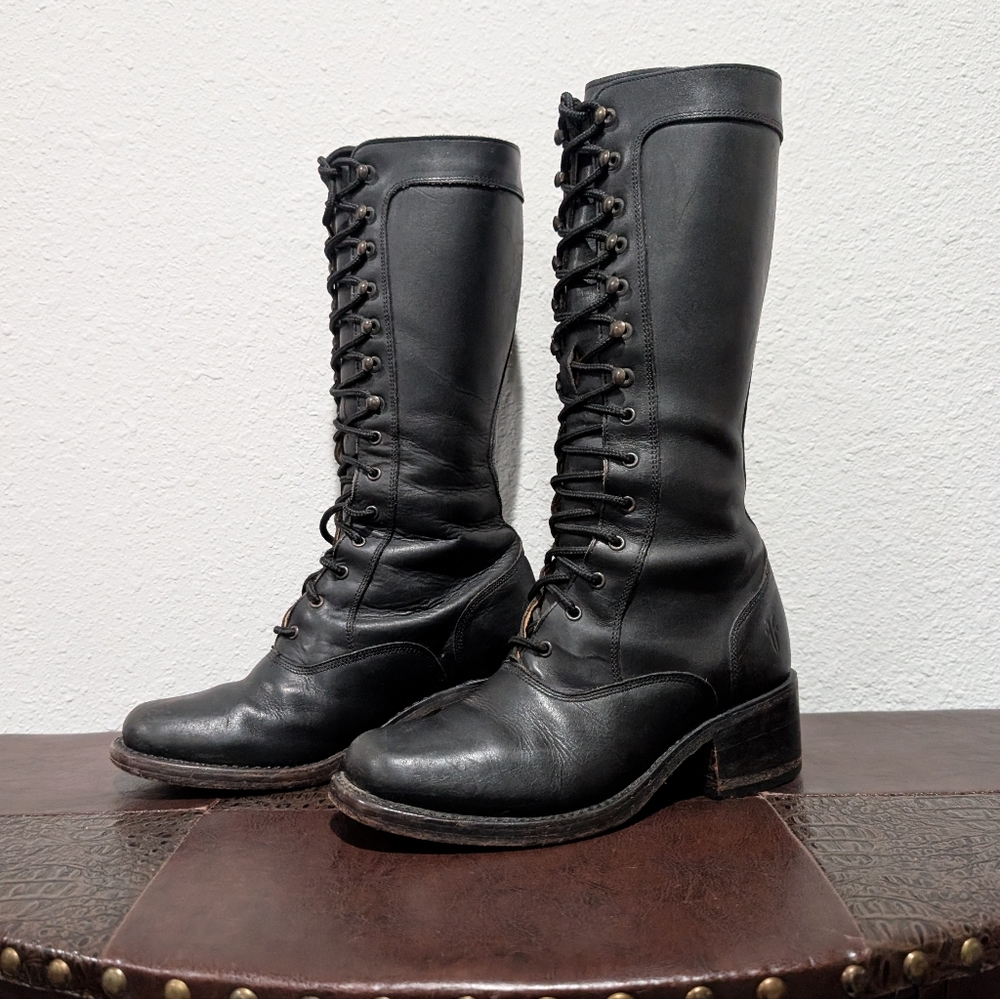 Rare Frye Campus Lug Vintage Lace Up Knee-High Black Antique Leather Boot Size 6 - Picture 5 of 15